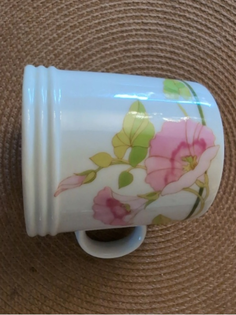 White Ceramic Mug with Pink Floral Pattern